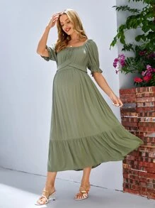 SHEIN Maternidad Vestido de manga farol bajo con fruncido - Verde militar - Ver 3