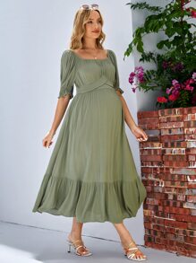 SHEIN Maternidad Vestido de manga farol bajo con fruncido - Verde militar - Ver 4