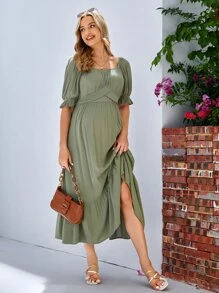 SHEIN Maternidad Vestido de manga farol bajo con fruncido - Verde militar - Ver 5