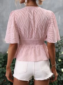 SHEIN Privé Plunge Neck Puff Sleeve Peplum Blouse - Baby Pink - View 5