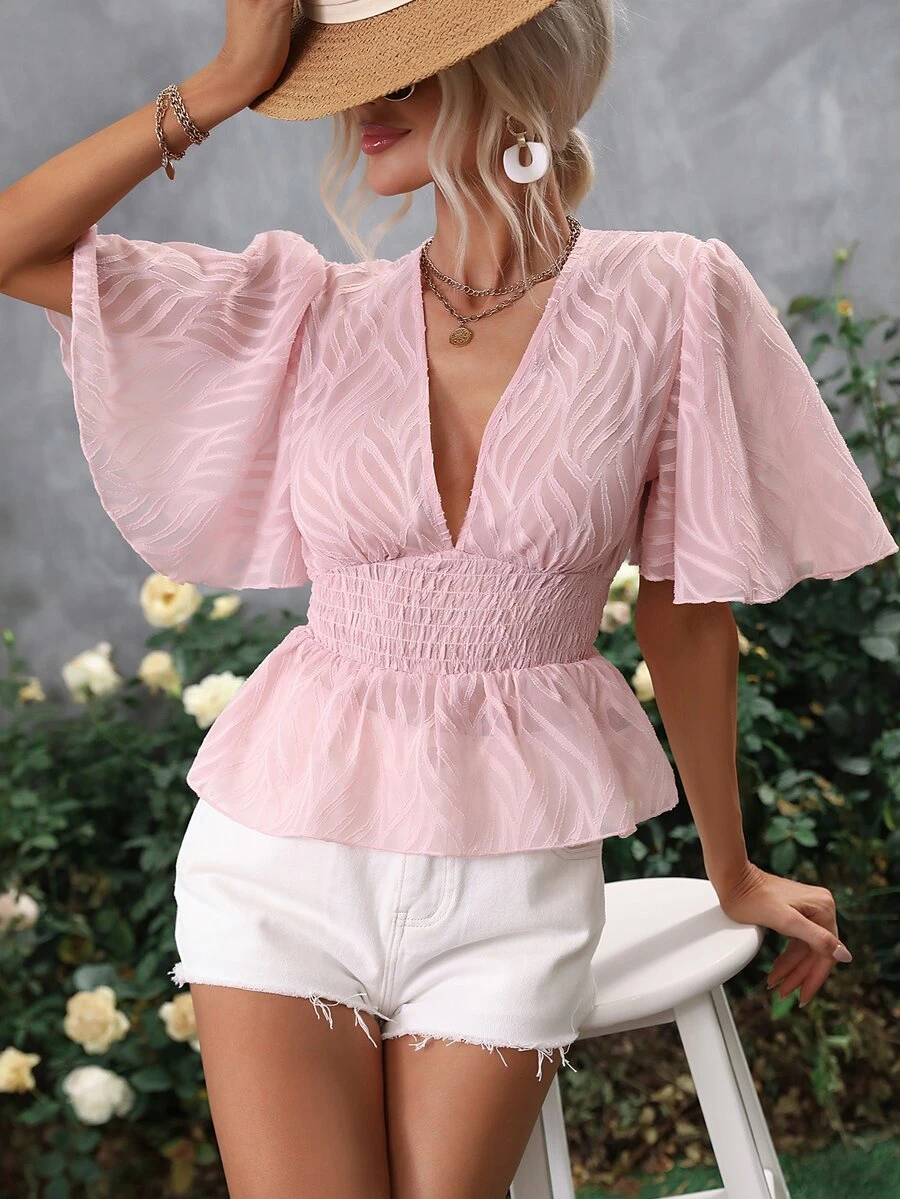 SHEIN Privé Plunge Neck Puff Sleeve Peplum Blouse - Baby Pink - View 1