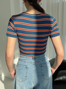 DAZY Striped Square Neck Crop Tee - Navy Blue - View 3