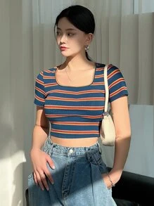 DAZY Striped Square Neck Crop Tee - Navy Blue - View 4