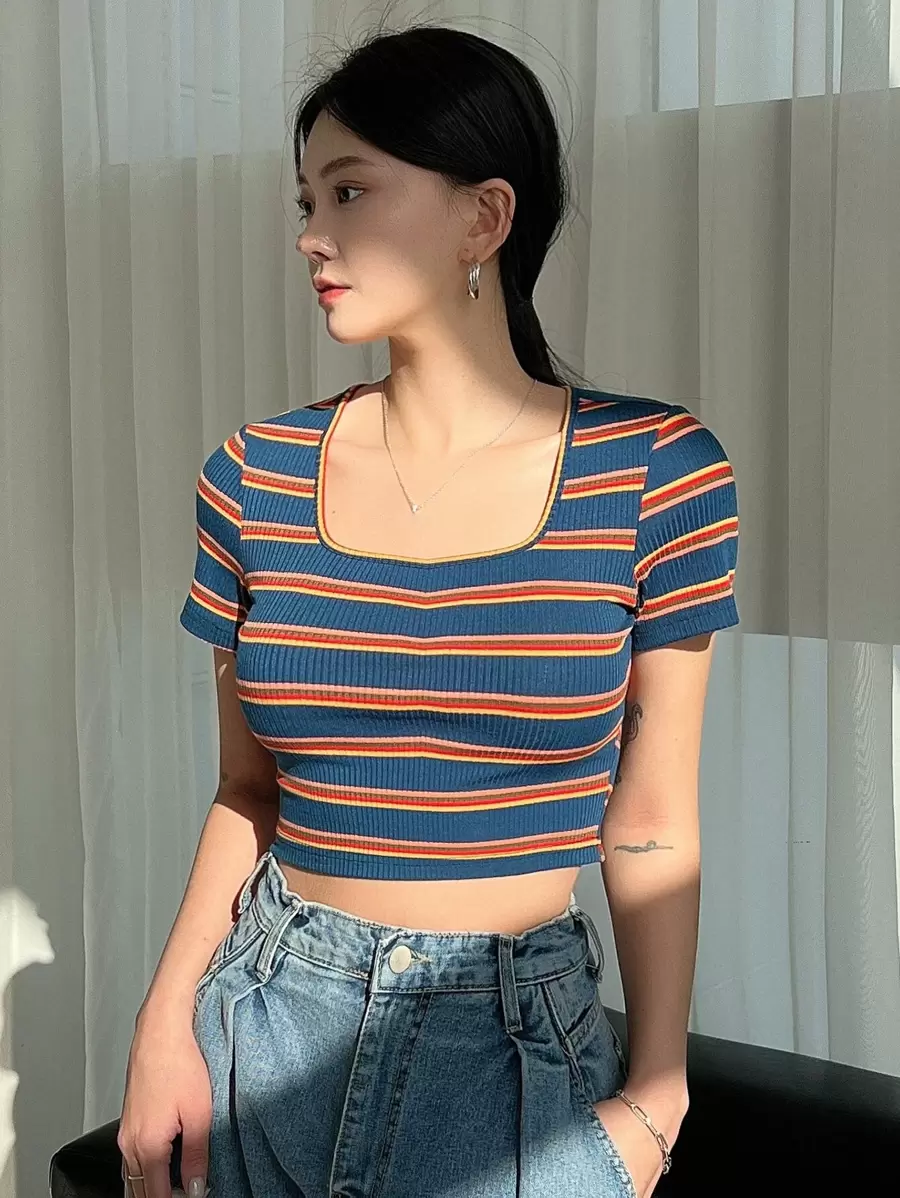 DAZY Striped Square Neck Crop Tee - Navy Blue - View 1