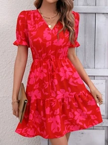 SHEIN VCAY Vestido con estampado floral de manga farol bajo con fruncido con nudo delantero - Rojo - Ver 3