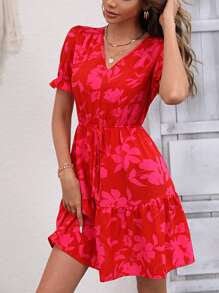 SHEIN VCAY Vestido con estampado floral de manga farol bajo con fruncido con nudo delantero - Rojo - Ver 6