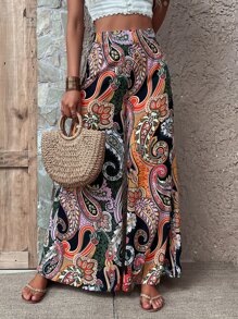 Breezaya Paisley Print Zip Side Wide Leg Trousers - Black - View 4