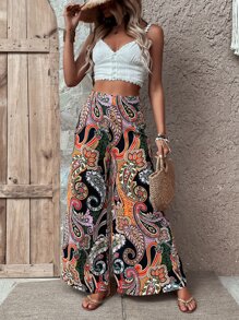 Breezaya Paisley Print Zip Side Wide Leg Trousers - Black - View 5