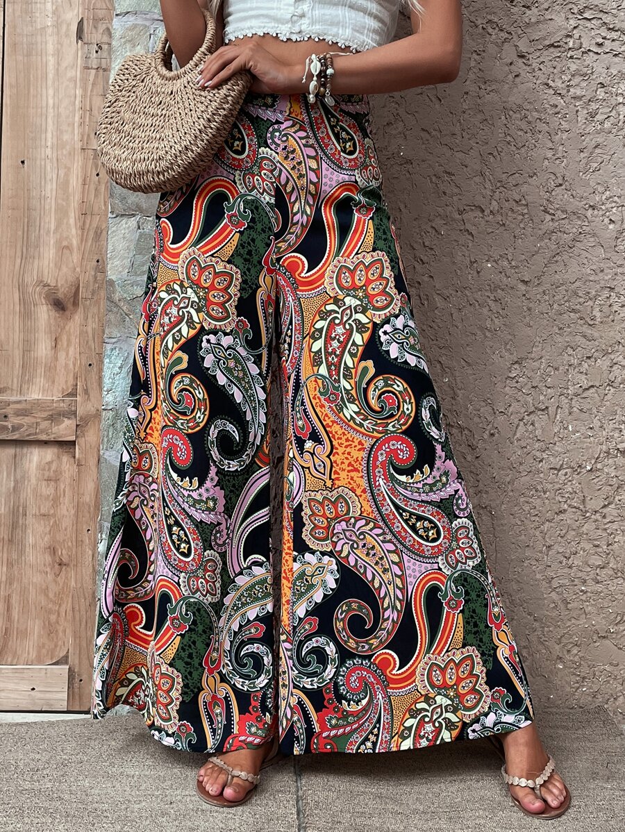 Breezaya Paisley Print Zip Side Wide Leg Trousers - Black - View 1