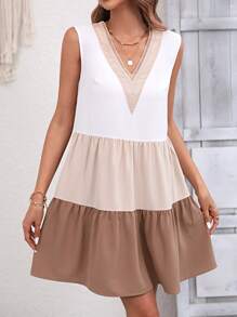 Breezaya Vestido smock de color combinado bajo con fruncido - Multicolor - Ver 3
