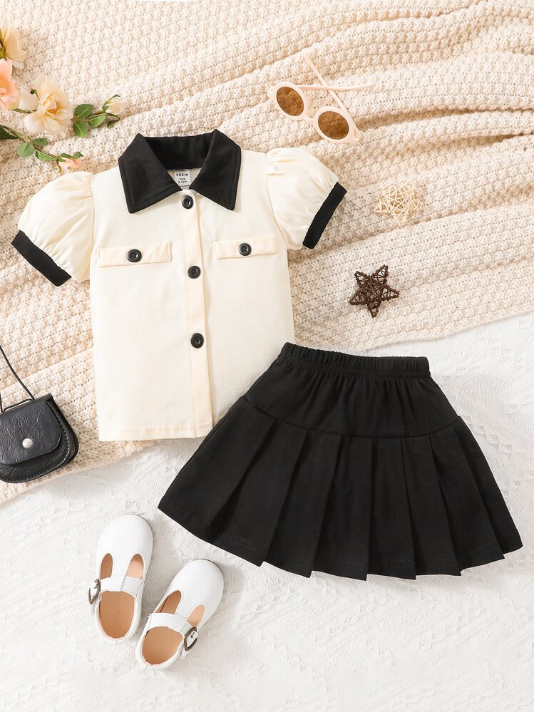 เด็กทารก บล็อคสี แขนพอง เสื้อเชิ้ต & กระโปรงจีบ - สีดำและสีขาว - ดู 3