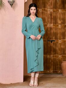 Modelyn Ruffle Trim Puff Sleeve Dress - Cadet Blue - View 1