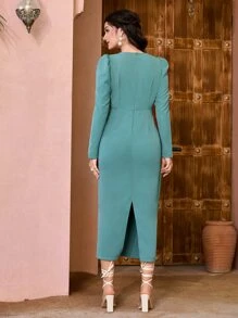 Modelyn Ruffle Trim Puff Sleeve Dress - Cadet Blue - View 2