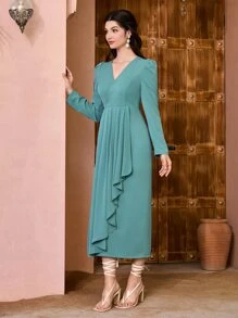 Modelyn Ruffle Trim Puff Sleeve Dress - Cadet Blue - View 5