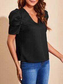 SHEIN Privé 素色泡泡袖上衣 - 黑色 - 查看 5