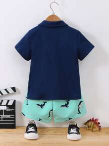 SHEIN 男童2入組休閒針織短袖polo衫和短褲,帶海豚刺繡設計,適用於夏季 - 彩色 - 查看 2