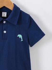 SHEIN 男童2入組休閒針織短袖polo衫和短褲,帶海豚刺繡設計,適用於夏季 - 彩色 - 查看 4