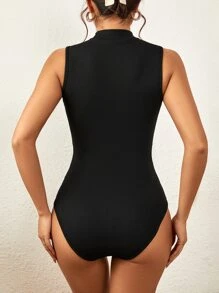 SHEIN Essnce 網紗拼接小高領連體衣 - 黑色 - 查看 3