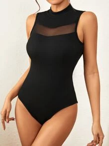 SHEIN Essnce 網紗拼接小高領連體衣 - 黑色 - 查看 4