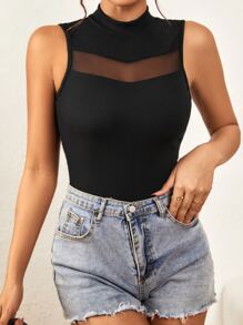 SHEIN Essnce 網紗拼接小高領連體衣 - 黑色 - 查看 5