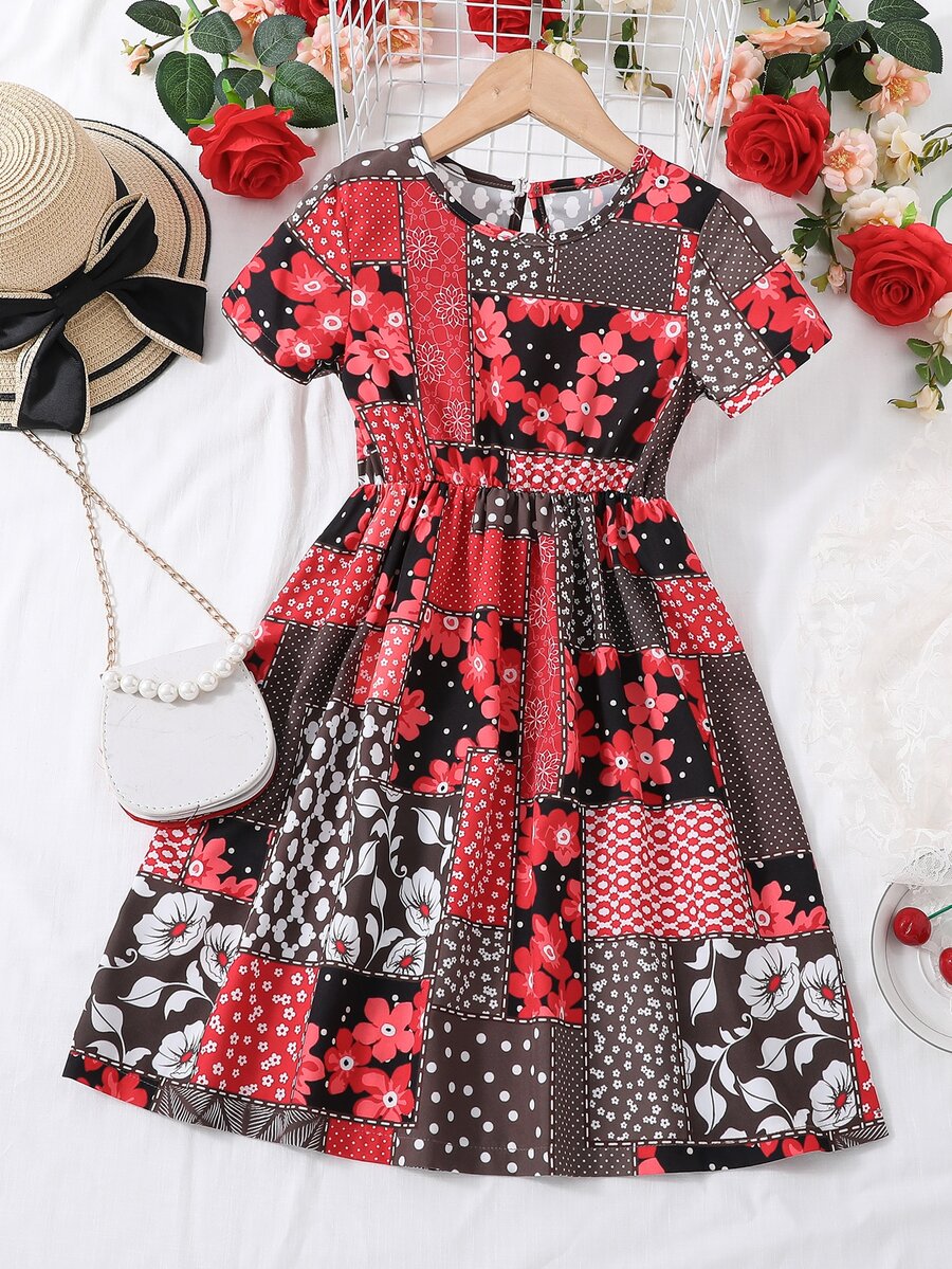 Toddler Girls Floral & Patchwork Print Keyhole Back Dress - Multicolor - View 1