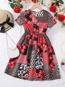 Toddler Girls Floral & Patchwork Print Keyhole Back Dress - Multicolor - View 2