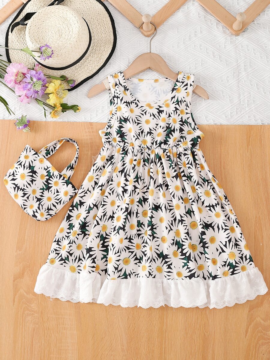 SHEIN Toddler Girls Floral Print Ruffle Hem Dress With Bag - Multicolor - View 1