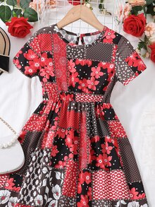 Toddler Girls Floral & Patchwork Print Keyhole Back Dress - Multicolor - View 4