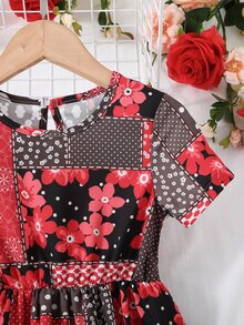 Toddler Girls Floral & Patchwork Print Keyhole Back Dress - Multicolor - View 6