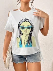 SHEIN Essnce Figure Graphic Cut Out Shoulder Tee - White - View 4