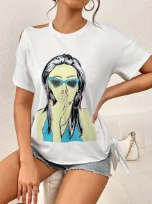 SHEIN Essnce Figure Graphic Cut Out Shoulder Tee - White - View 6