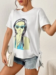 SHEIN Essnce Figure Graphic Cut Out Shoulder Tee - White - View 1