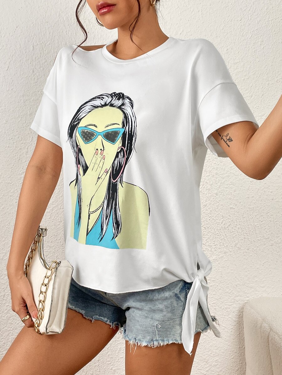 SHEIN Essnce Figure Graphic Cut Out Shoulder Tee - White - View 1