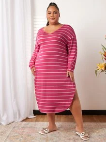 SHEIN CURVE+ Plus Striped Drop Shoulder Curved Hem Dress - Hot Pink - View 5