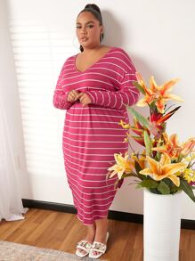 SHEIN CURVE+ Plus Striped Drop Shoulder Curved Hem Dress - Hot Pink - View 4