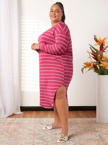 SHEIN CURVE+ Plus Striped Drop Shoulder Curved Hem Dress - Hot Pink - View 3