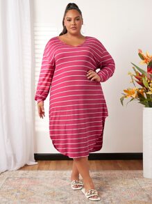 SHEIN CURVE+ Plus Striped Drop Shoulder Curved Hem Dress - Hot Pink - View 1