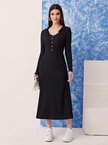 Modelyn Half Button Collar Neckline Dress - Black - View 1