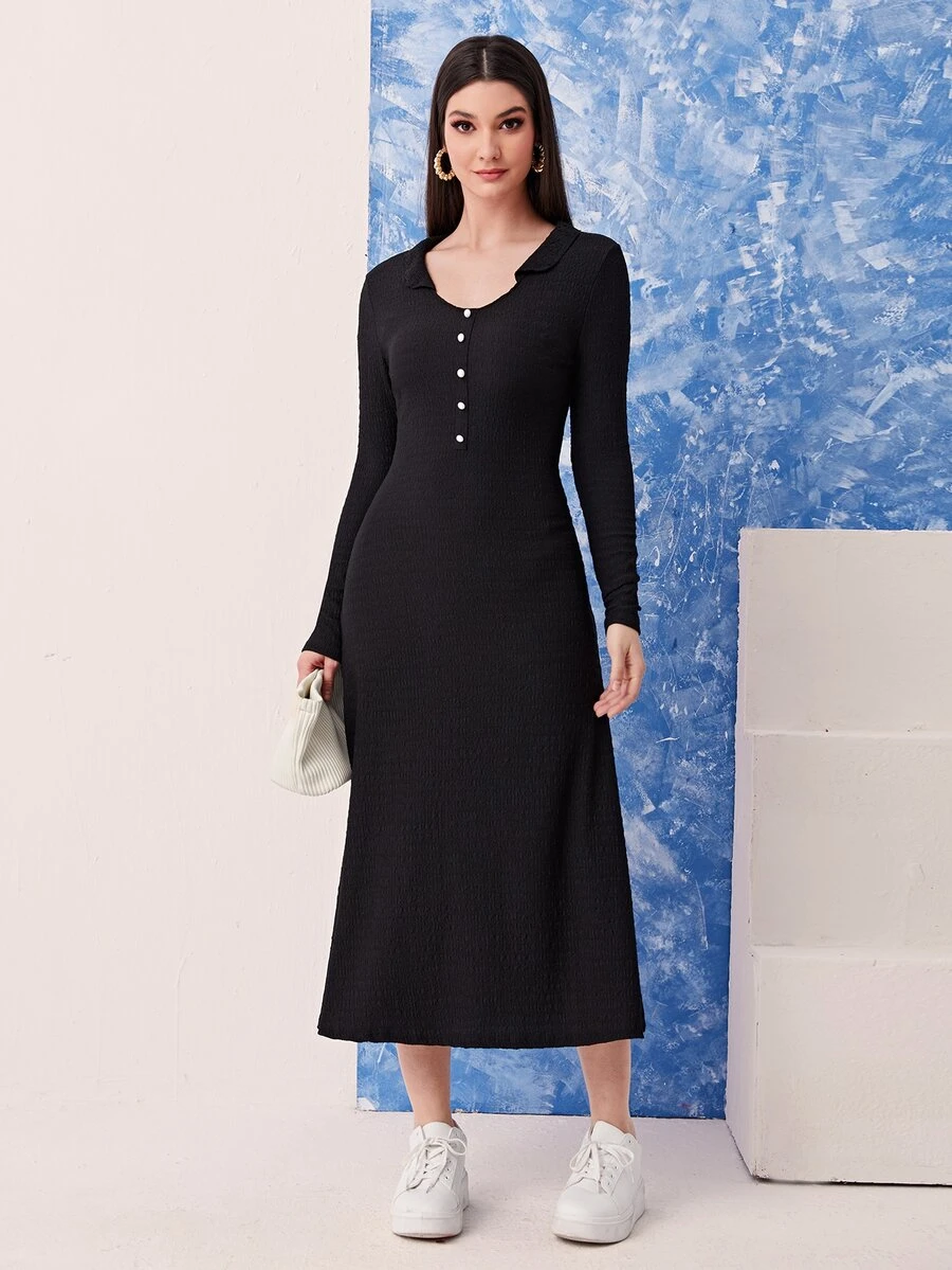 Modelyn Half Button Collar Neckline Dress - Black - View 1