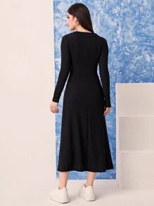 Modelyn Half Button Collar Neckline Dress - Black - View 2