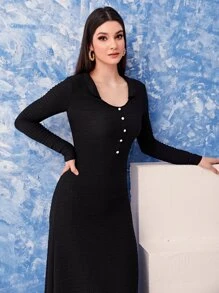 Modelyn Half Button Collar Neckline Dress - Black - View 3