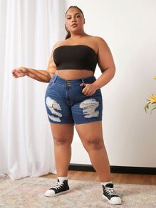 SHEIN CURVE+ Plus Ripped Raw Hem Denim Shorts - Dark Wash - View 7