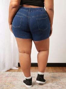 SHEIN CURVE+ Plus Ripped Raw Hem Denim Shorts - Dark Wash - View 2
