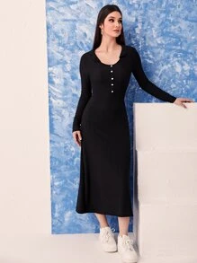 Modelyn Half Button Collar Neckline Dress - Black - View 5