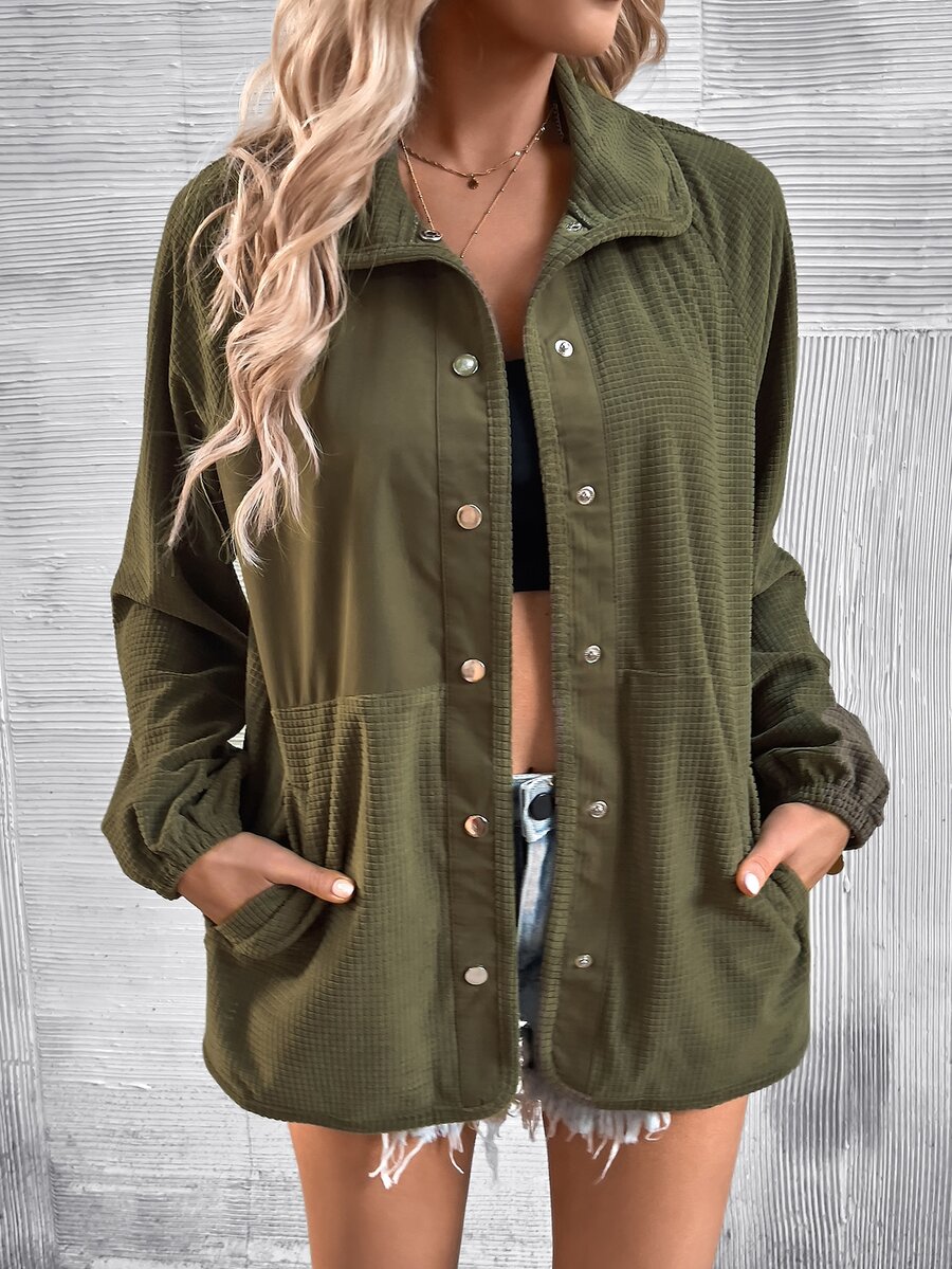 SHEIN LUNE Raglan Sleeve Snap Button Coat - Army Green - View 1