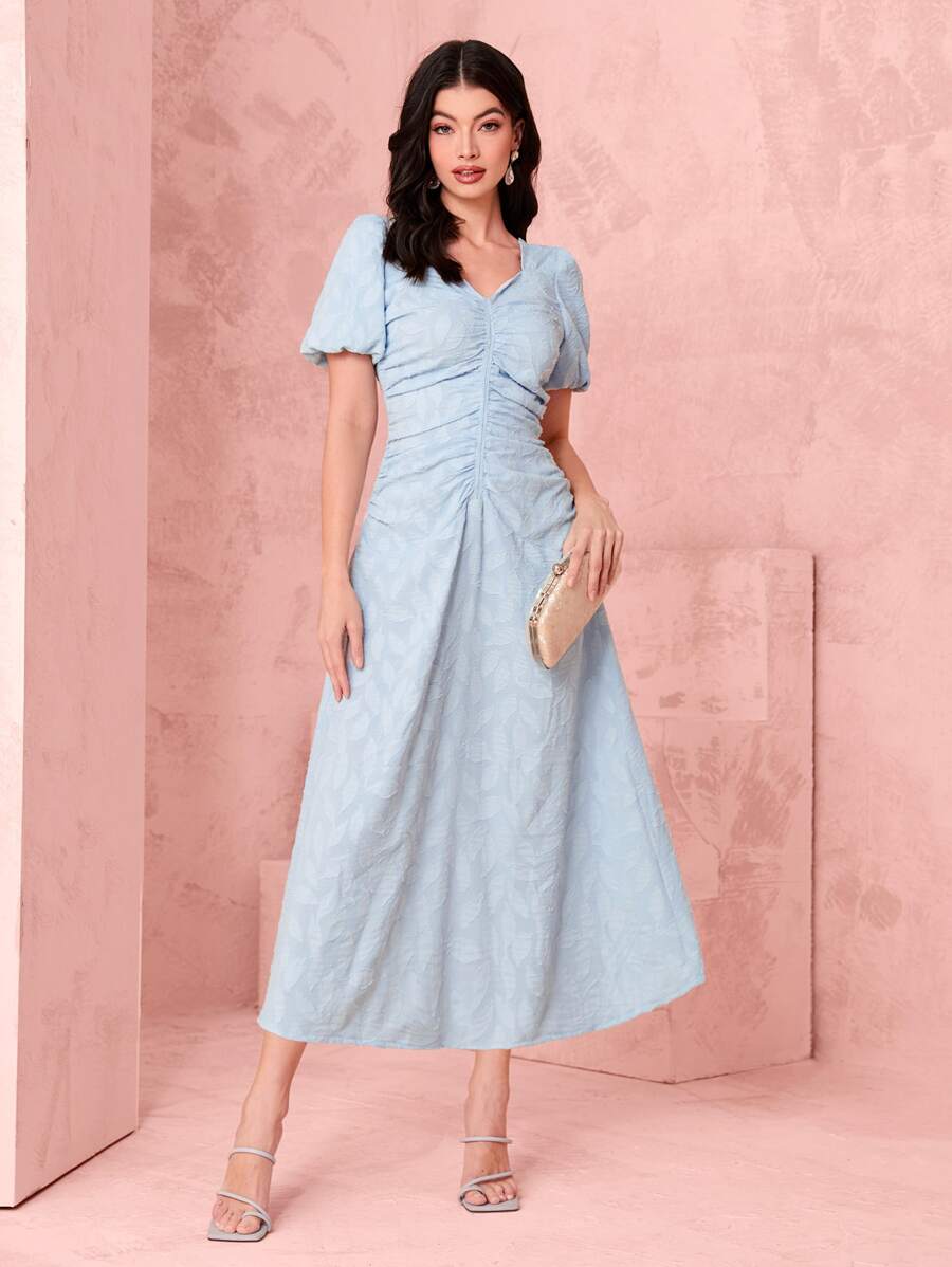 Modelyn 提花泡泡袖褶邊洋裝