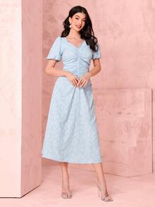 Modelyn 提花泡泡袖褶邊洋裝