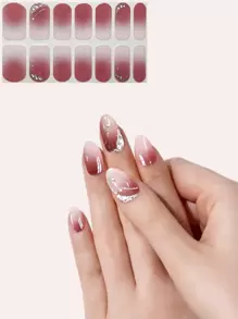 3D Rhinestone Almond Nail Stickers, Full Cover Nail Art Stickers, Red Ombre Effect, 14Pcs - Multicolor - View 2