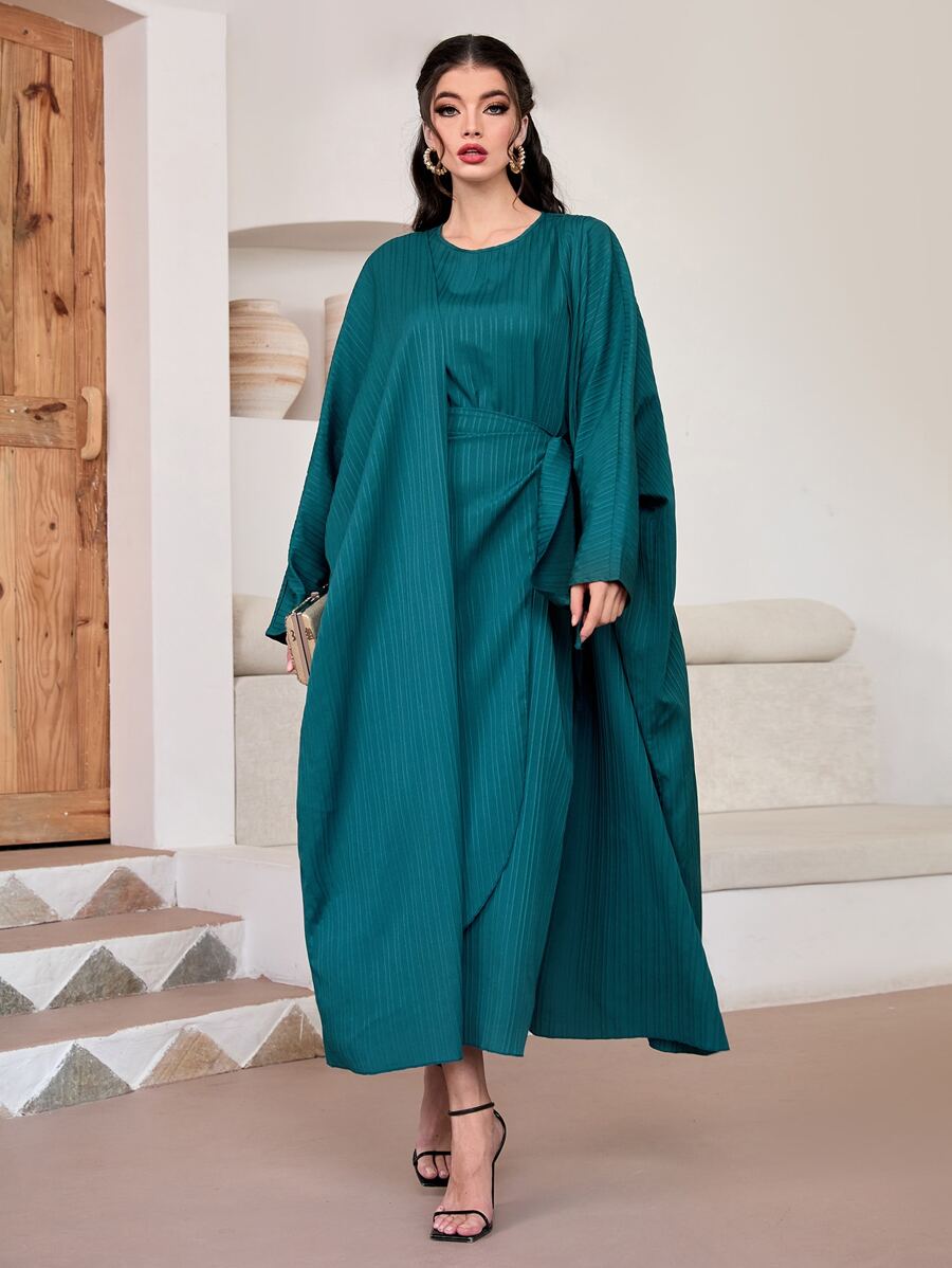 Al Najma 素色開門襟外套和側打結洋裝 - 水鴨藍 - 查看 1