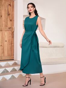 Al Najma 素色開門襟外套和側打結洋裝 - 水鴨藍 - 查看 5